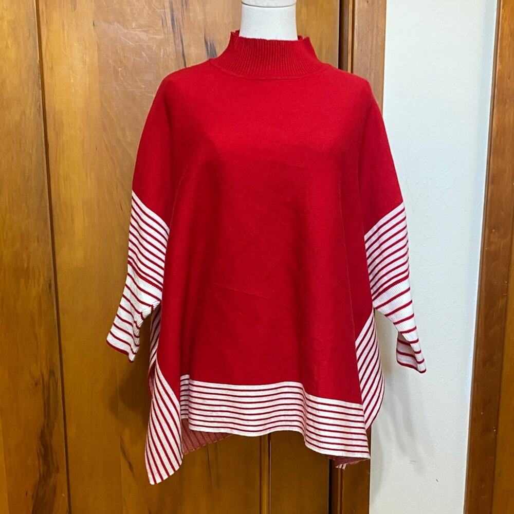 Bright Red White Striped Knit Poncho Sweater 26” Excellent condition!